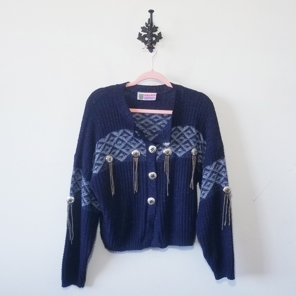 Vintage Western Fringe Oversize Crop Sweater Size S